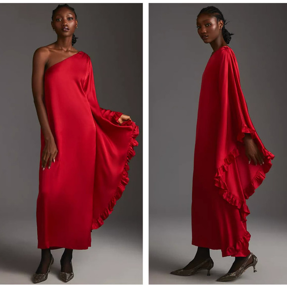 ANTHROPOLOGIE x HUTCH One-Shoulder Ruffled Draped Caftan Maxi Dress Red {MM29} - Picture 3 of 4